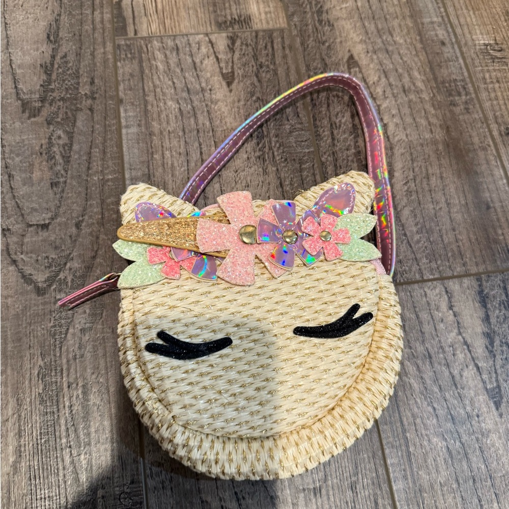 Unbranded Girls' Straw Unicorn Crossbody Bag in Natural with Pink Accents